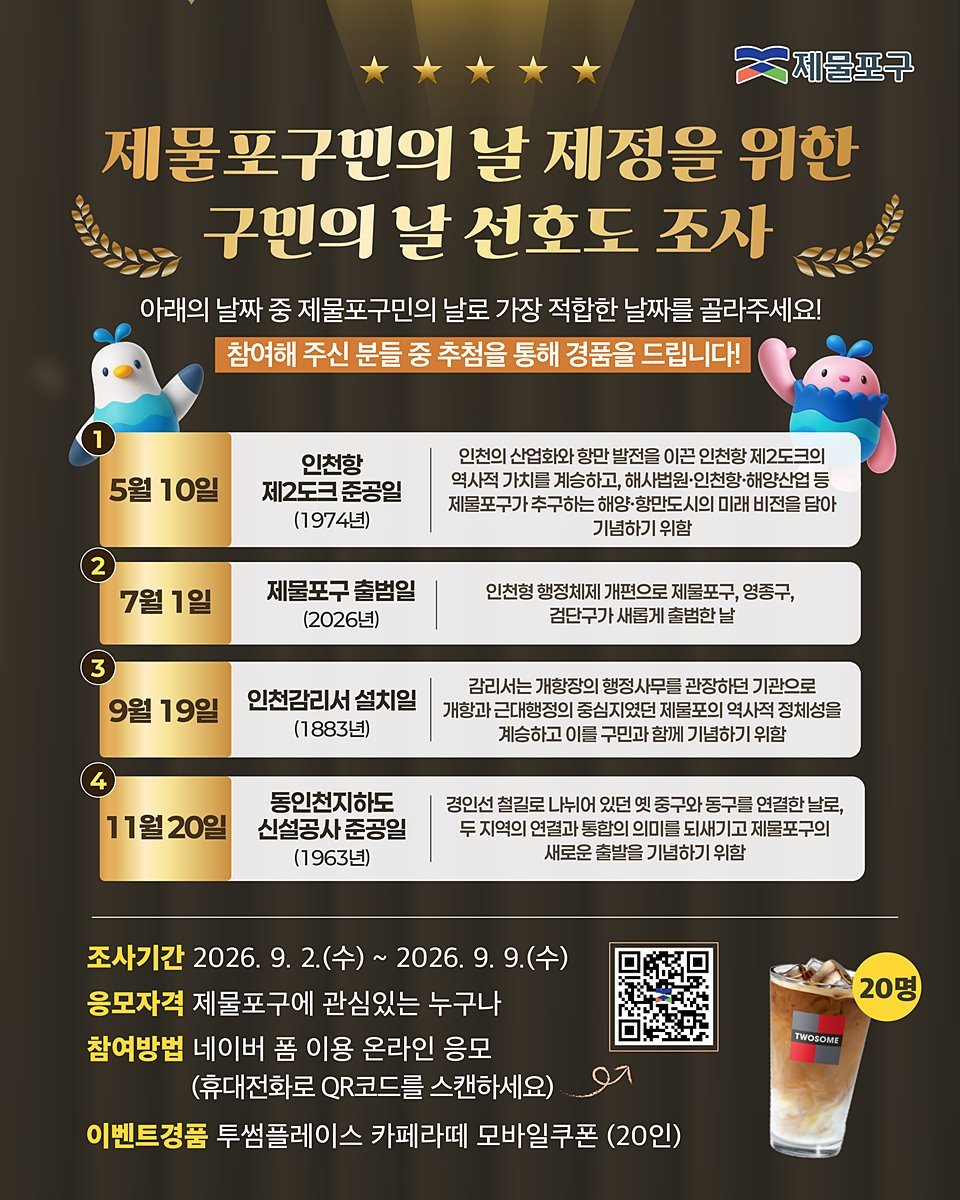 "7월 1일이냐 9월 19일이냐" 제물포구, 첫 '구민의 날' 주민이 정한다