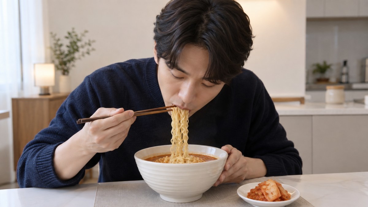 라면에 김치를 곁들여 먹는 사람. AI로 생성한 자료사진.