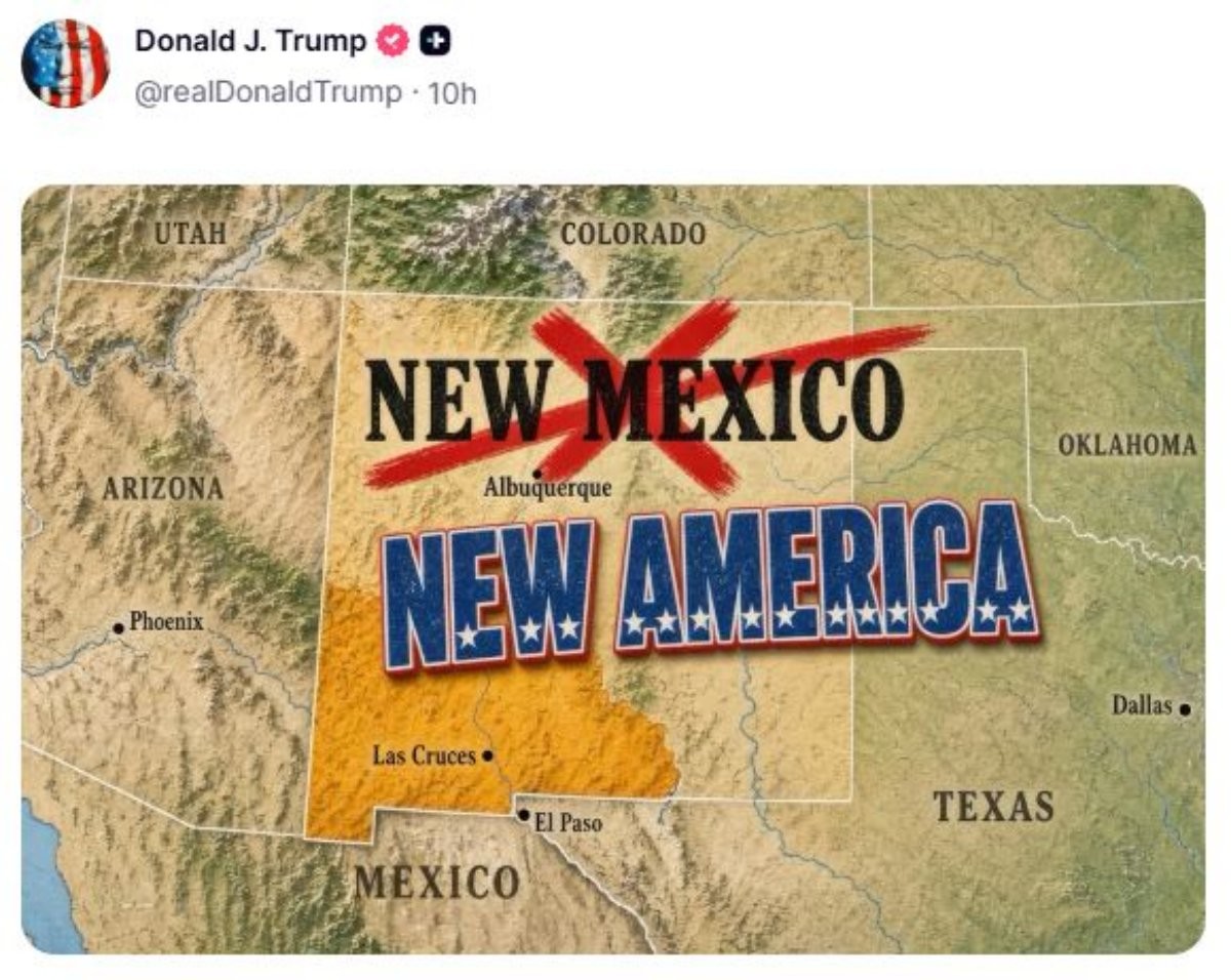 트럼프 대통령이 트루스소셜에 올린 이미지. 뉴멕시코주의 ‘NEW MEXICO’ 표기에 붉은색 X 표시를 하고 ‘NEW AMERICA’라고 바꿔 적었다. / 트럼프 대통령 트루스소셜