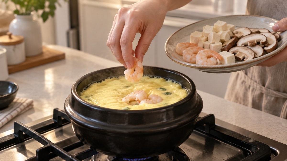 계란찜에 두부, 계란, 버섯 등 다양한 재료를 넣는 모습. 기사 이해를 돕기 위해 AI툴로 생성한 자료사진. (실제와 차이가 있을 수 있음을 알립니다.)