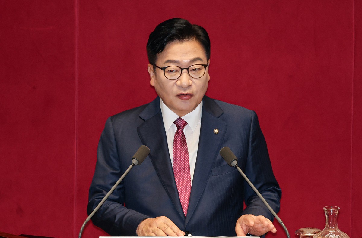 정점식 국민의힘 원내대표가 8일 서울 여의도 국회에서 열린 제439회국회(정기회) 제4차 본회의에서 교섭단체 대표연설을 하고 있다. / 뉴스1