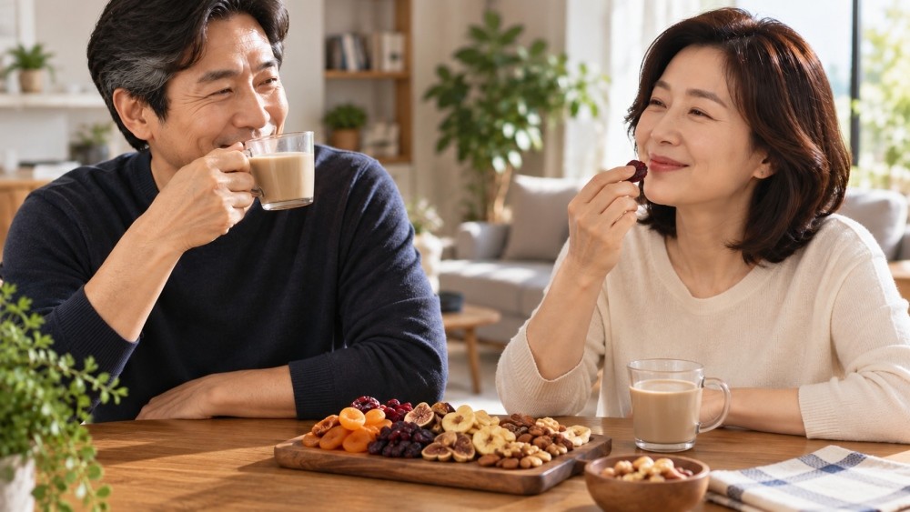 커피와 말린 과일 등을 먹고 있는 중년 모습 자료사진. AI툴로 생성됐습니다.