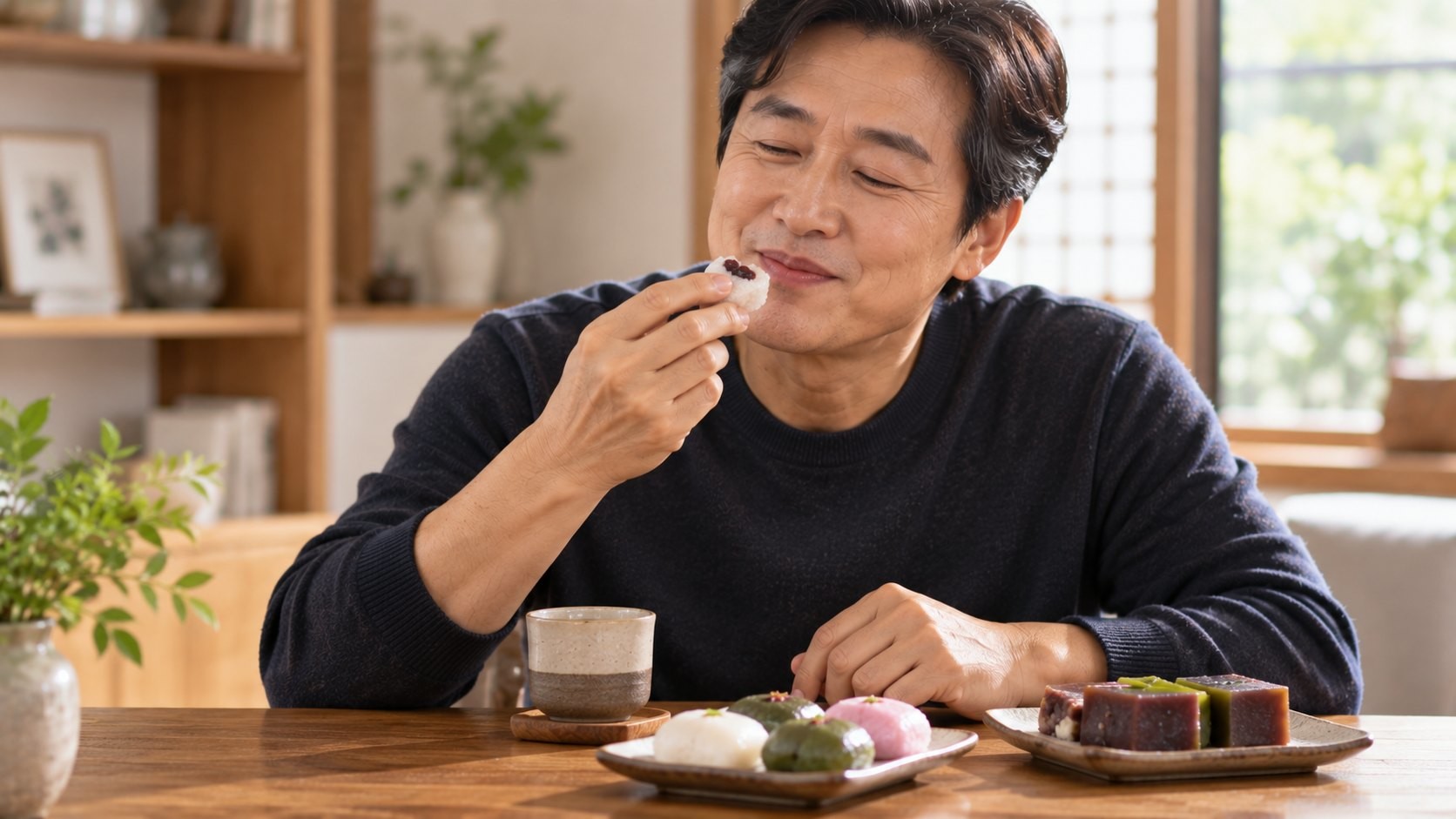 떡과 양갱 등을 먹고 있는 중년 자료사진. AI툴로 생성됐습니다.