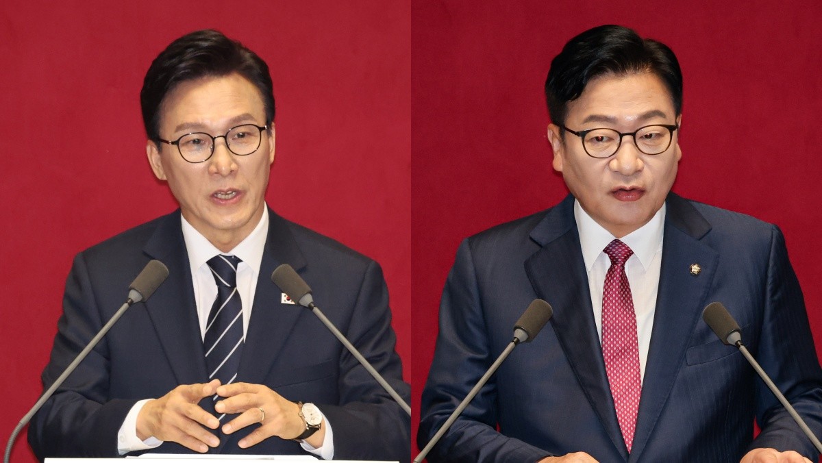 김민석 더불어민주당 대표(왼쪽)와 정점식 국민의힘 원내대표가 각각 국회 교섭단체 대표연설을 하고 있다. / 뉴스1
