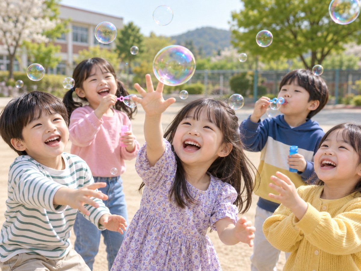 어린이들이 비누방울 놀이를 하며 즐거운 시간을 보내고 있다. 기사 이해를 돕기 위해 AI를 활용해 제작한 자료 사진. 아동의 권리를 보장해야 한다고 생각하는 이들은 많지만 실제로는 우리 사회가 아동의 의견을 충분히 존중하고 있다고 느끼는 이들은 이보다 적은 것으로 나타났다. 국가아동권리보장원은 '365일 아동의 날' 캠페인의 하나로 7월 13일∼8월 17일 만 14세 이상 국민 3008명을 대상으로 실시한 온라인 설문조사 결과를 분석했더니 이렇게 나타났다고 지난 9일 밝혔다.