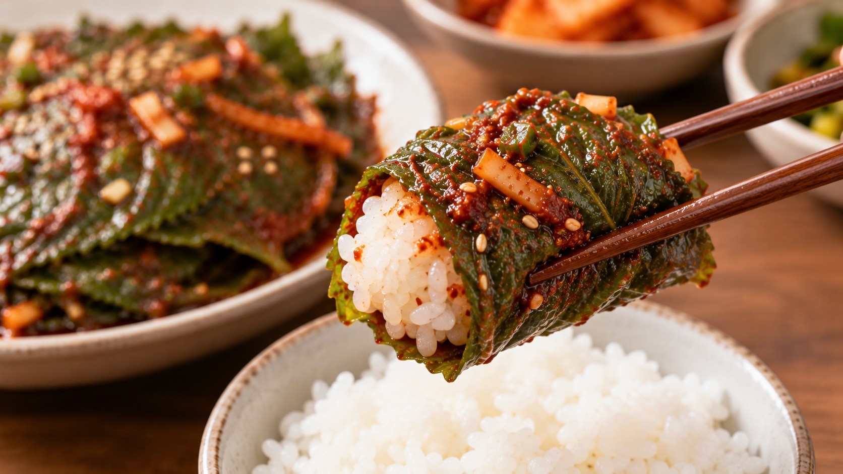 깻잎 김치와 밥을 먹는 모습을 표현한 자료사진. AI툴로 생성됐습니다.