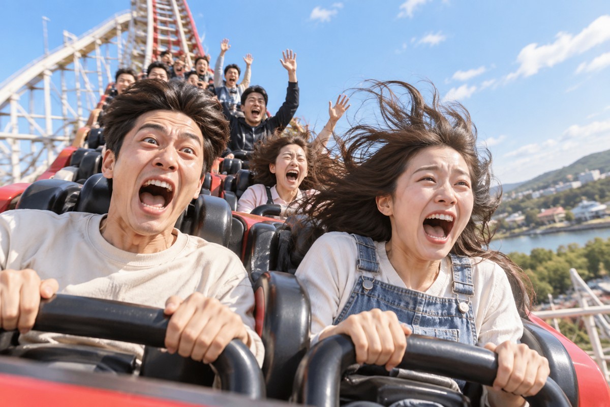 롤러코스터를 타는 놀이공원 이용객들 모습. 기사 이해를 돕기 위해 AI를 활용해 제작한 자료 사진 .