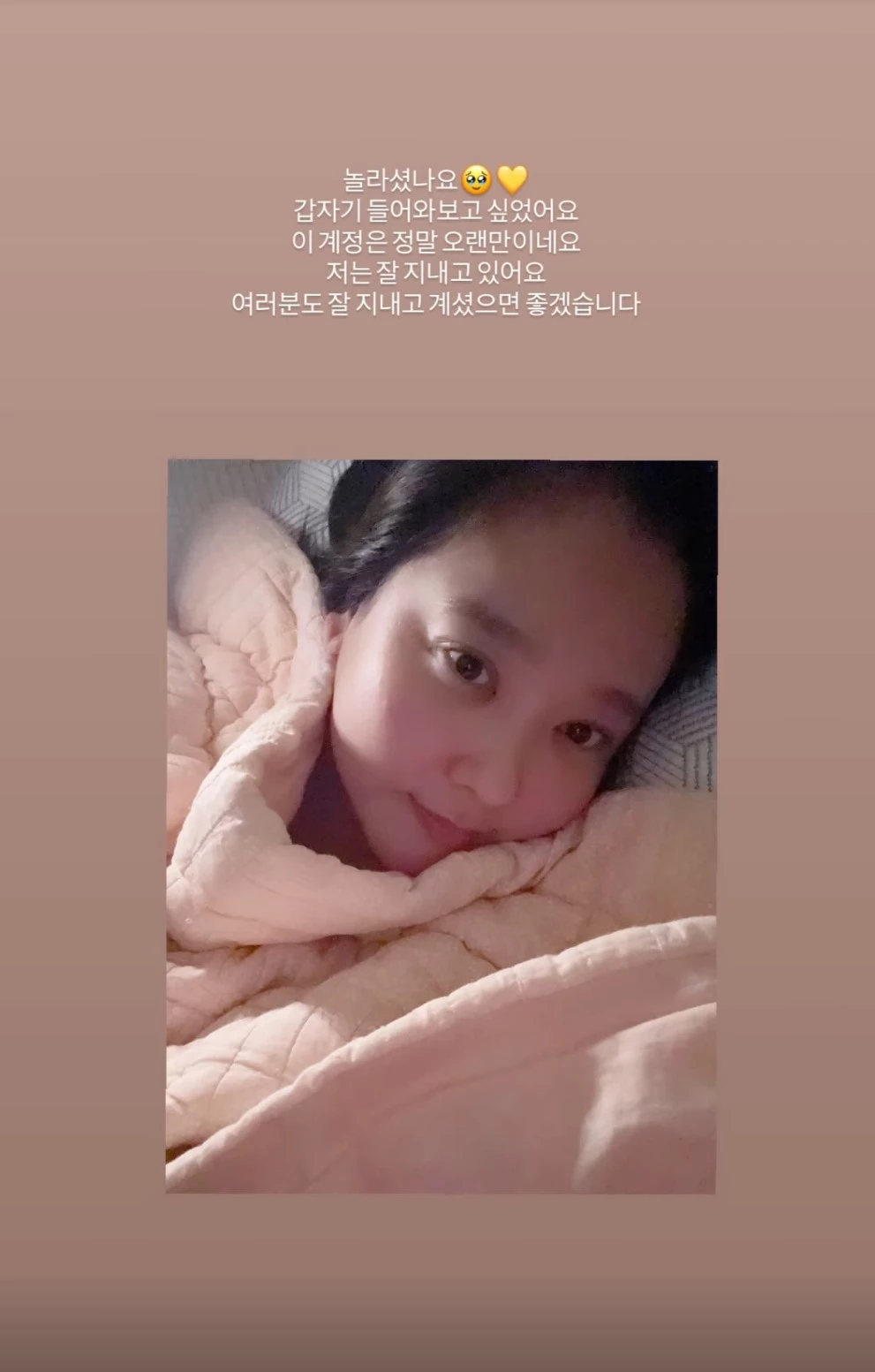 다나가 12일 자신의 SNS 스토리를 통해 짧은 문구와 함께 근황을 전했다. / 다나 인스타그램
