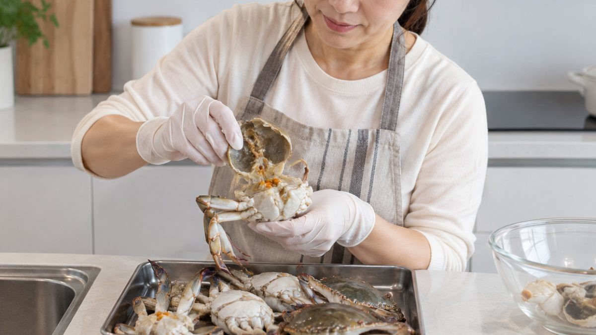 꽃게를 손질하는 모습. 기사 이해를 돕기 위해 AI툴로 생성한 자료사진.