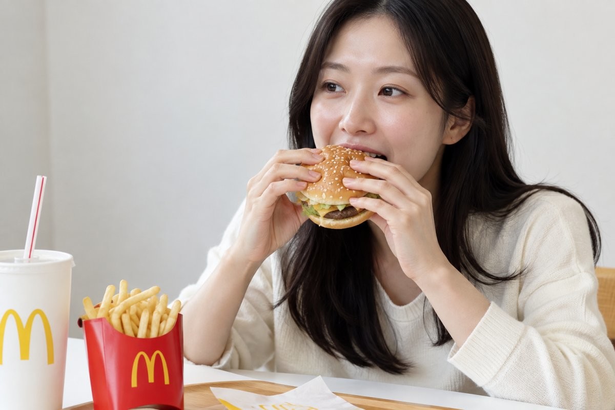 맥도날드 햄버거를 감자튀김과 콜라 등과 함께 먹는 사람. 기사 이해를 돕기 위해 AI툴로 생성한 자료사진. (실제와 차이가 있음을 알립니다.)
