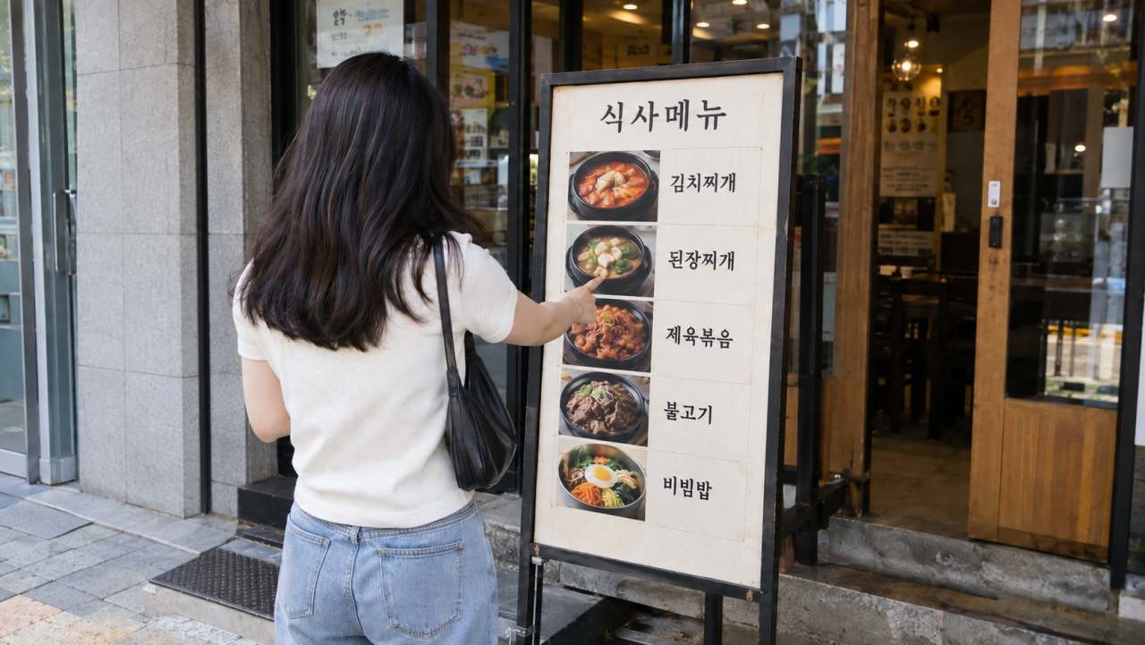 서민이 식당 앞에서 메뉴를 고민하는 모습. / AI 생성 이미지