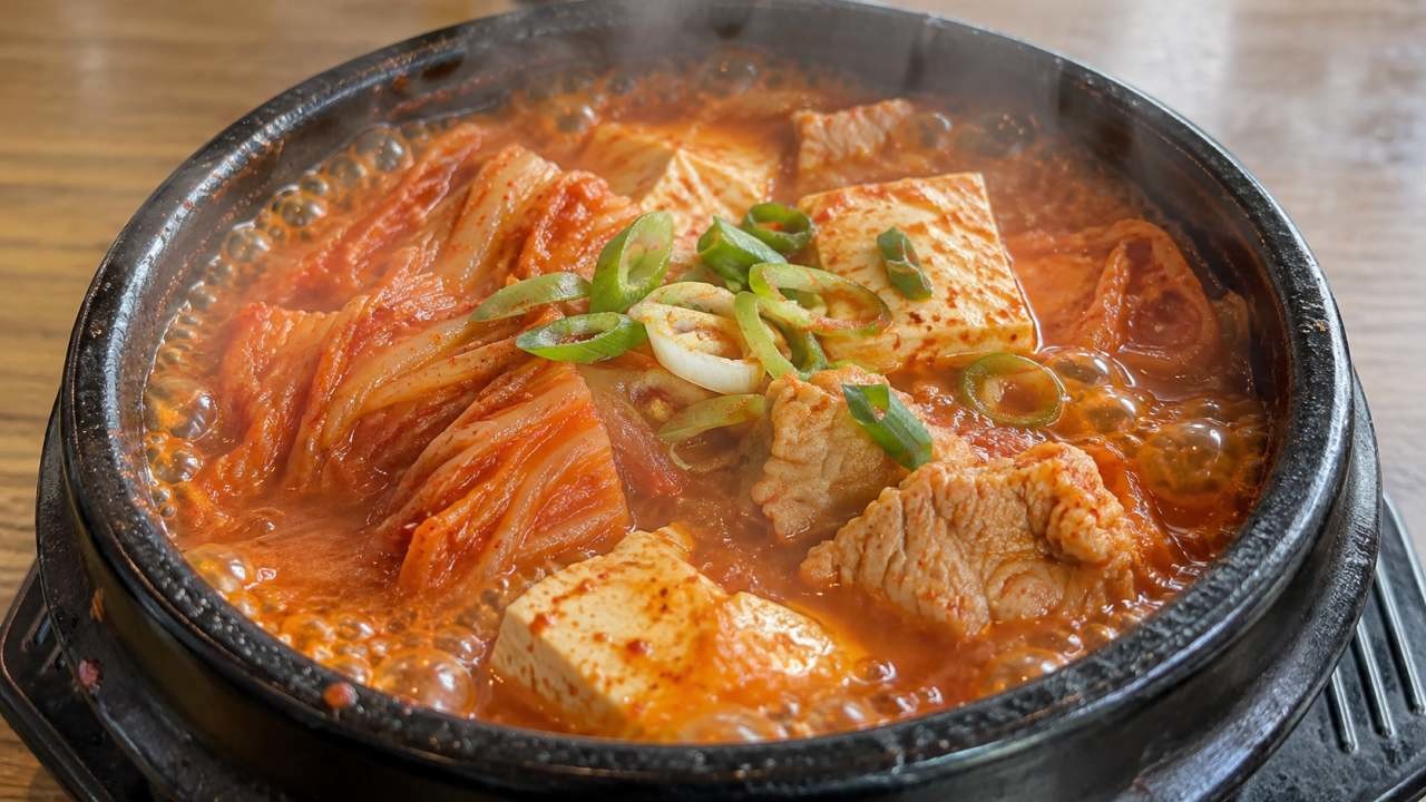 뚝배기 안에서 김치찌개가 끓고 있다. / AI 생성 이미지
