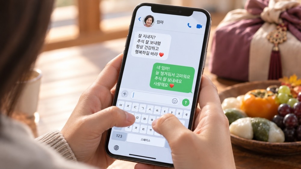 명절에 안부 문자를 보내고 있는 모습을 표현한 자료사진. AI툴을 활용해 생성됐습니다.