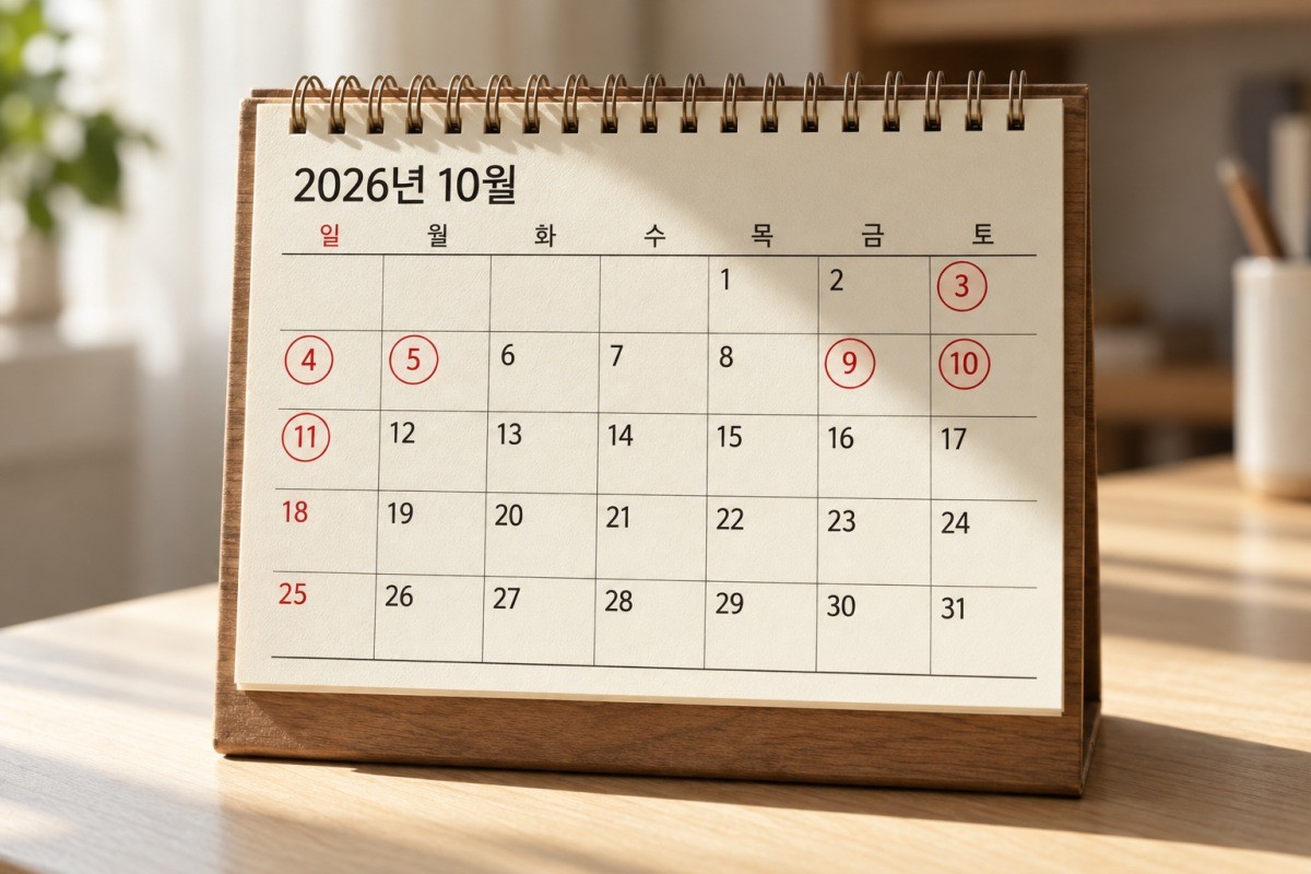 2026년 10월 달력에 개천절과 한글날 연휴가 표시된 모습. 기사 이해를 돕기 위해 제작한 AI 이미지.