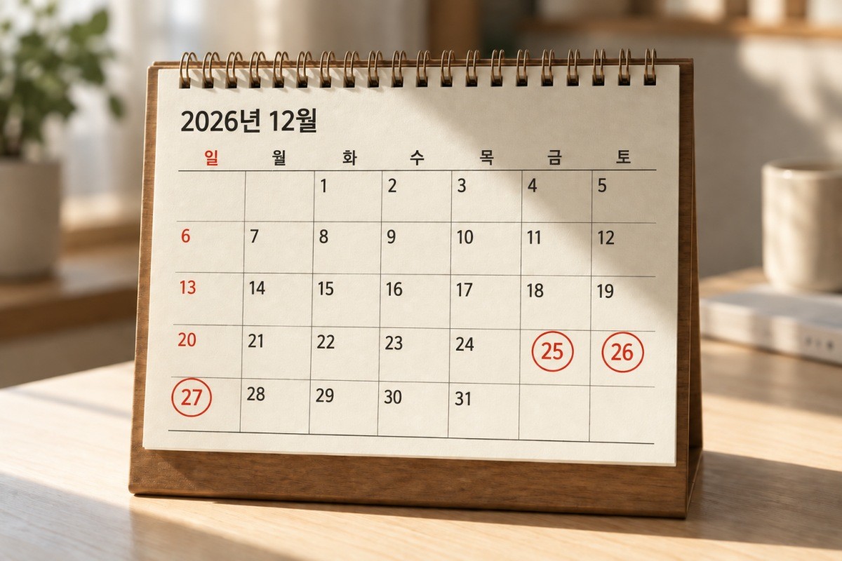 2026년 12월 달력에 성탄절 연휴인 25~27일이 표시된 모습. 기사 이해를 돕기 위해 제작한 AI 이미지.