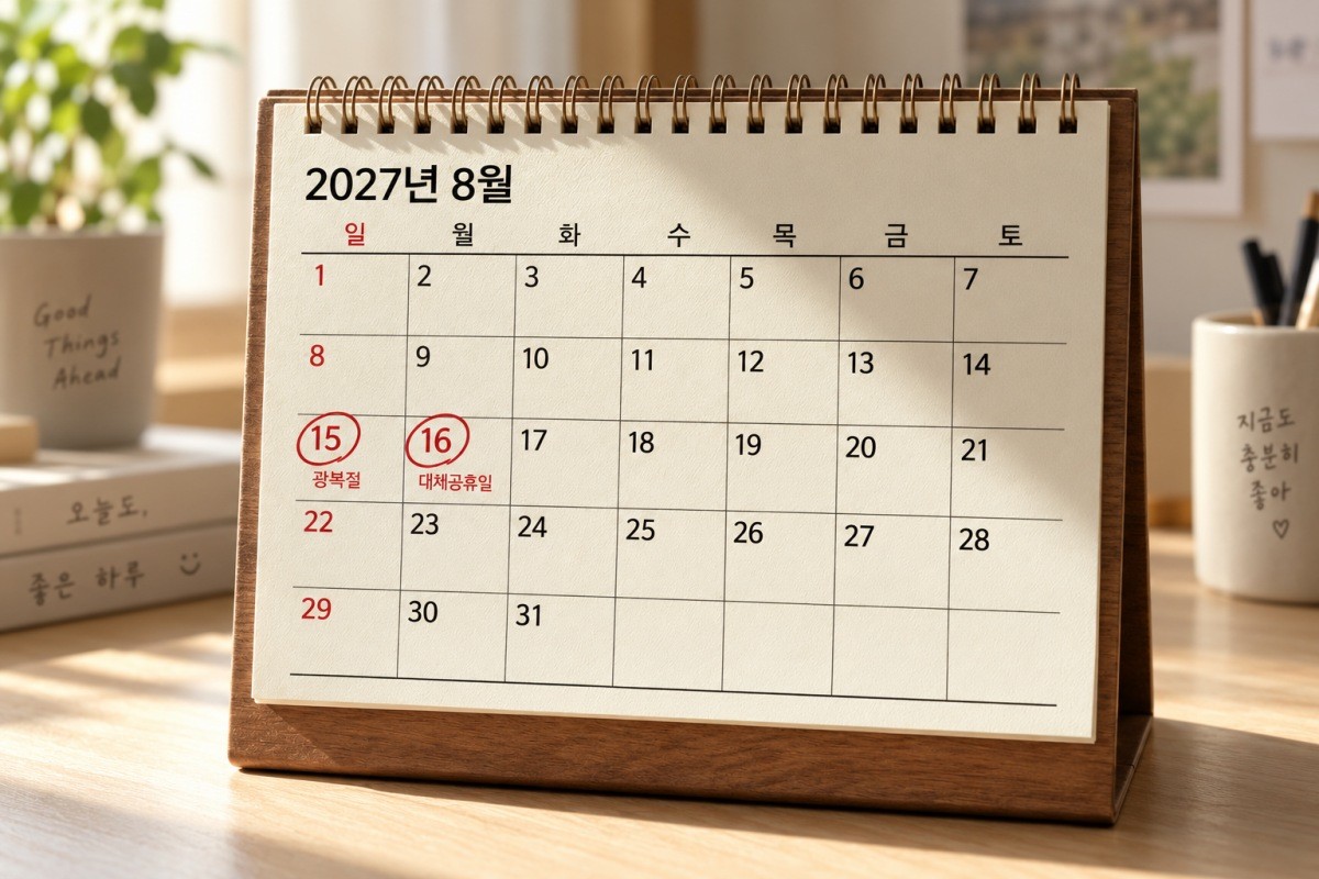 2027년 8월 달력에 광복절과 대체공휴일이 표시된 모습. 기사 이해를 돕기 위해 제작한 AI 이미지.