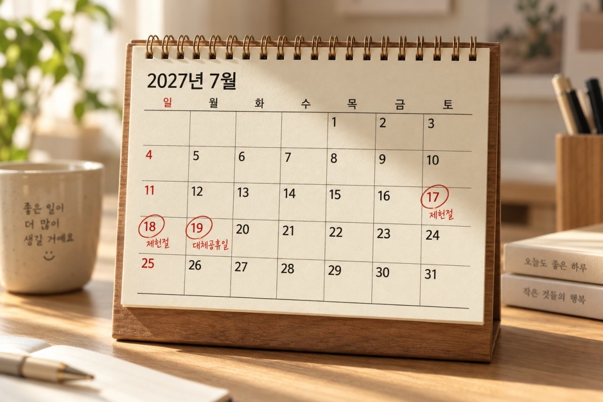 2027년 7월 달력에 제헌절과 대체공휴일이 표시된 모습. 기사 이해를 돕기 위해 제작한 AI 이미지.