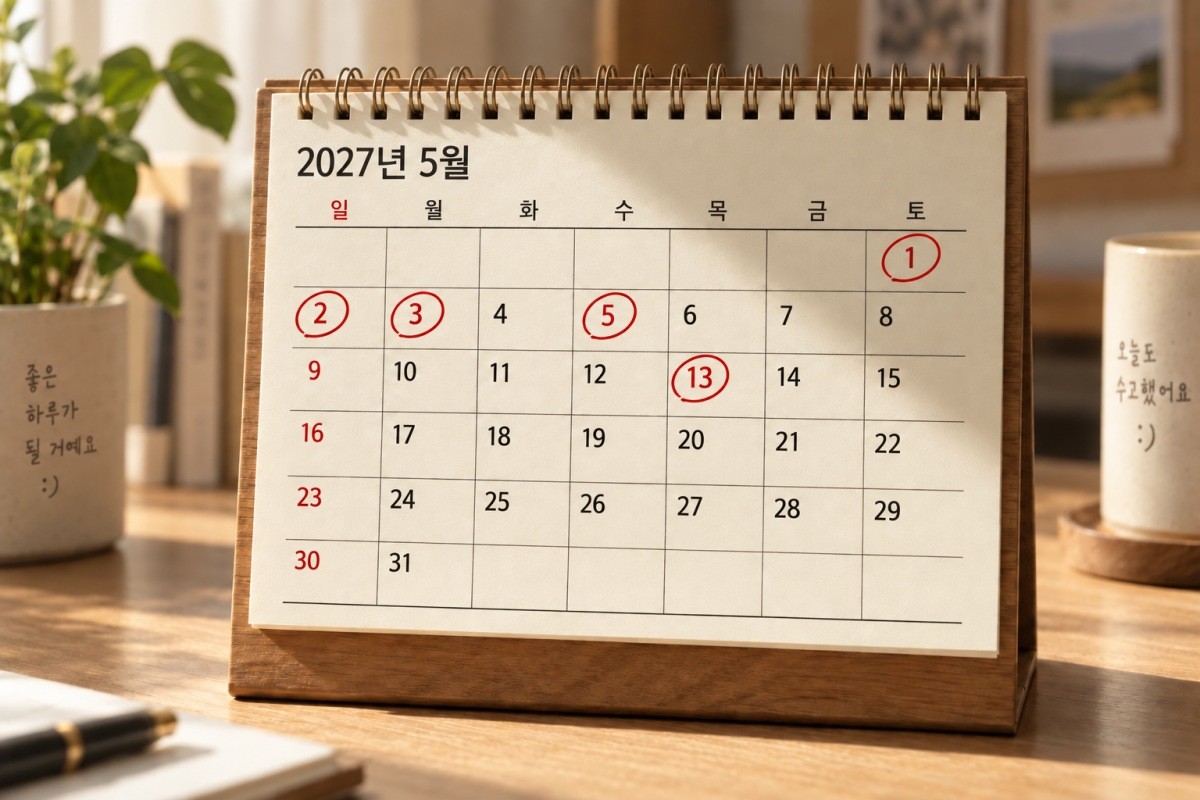 2027년 5월 달력에 노동절 대체공휴일과 어린이날, 부처님오신날이 표시된 모습. 기사 이해를 돕기 위해 제작한 AI 이미지.