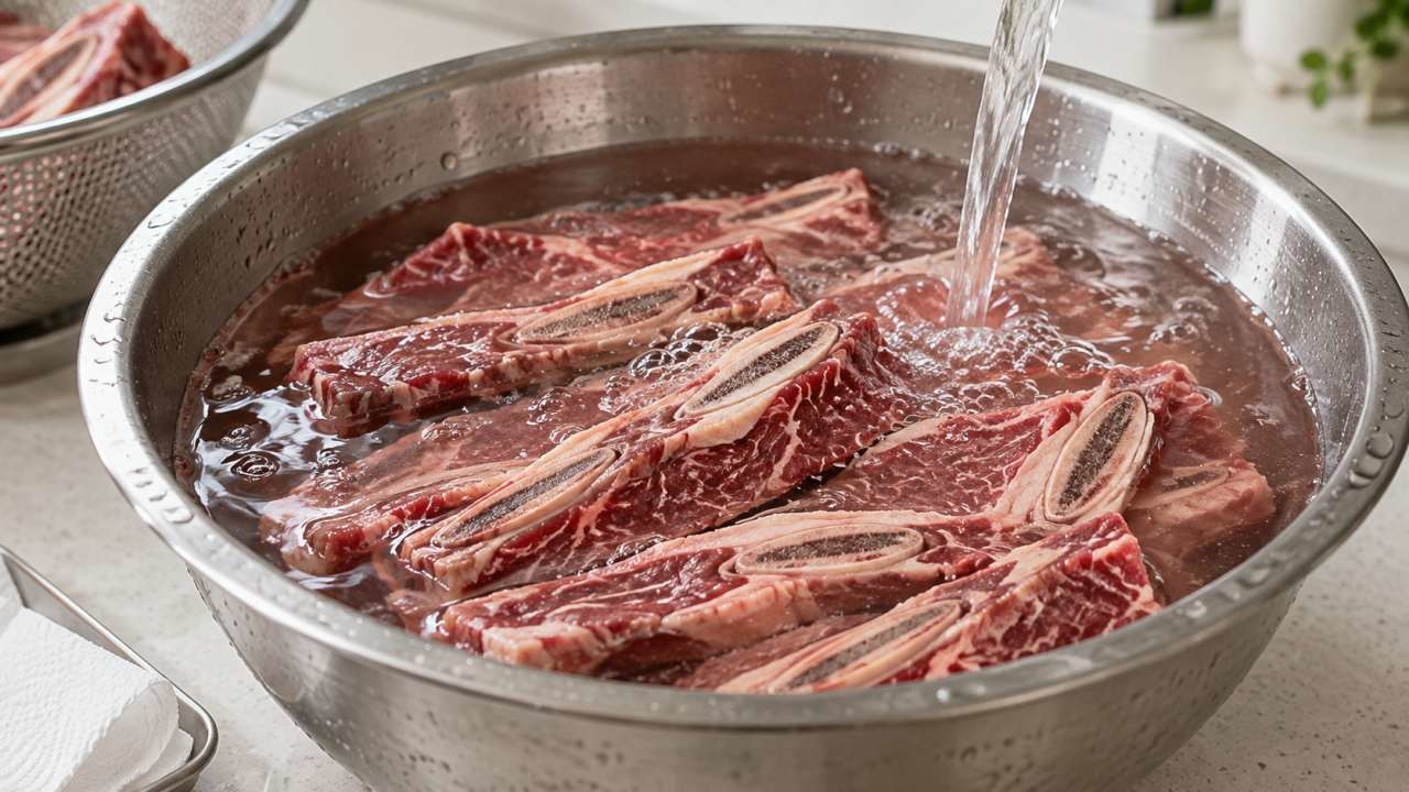 핏물을 빼기 위해 LA갈비에 물을 붓고 있다. / AI 생성 이미지
