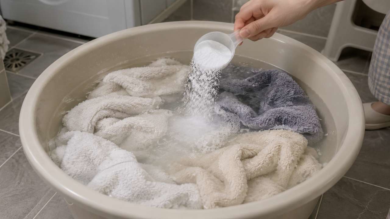 수건이 담긴 대야에 과탄산소다를 넣고 있다. / AI 생성 이미지