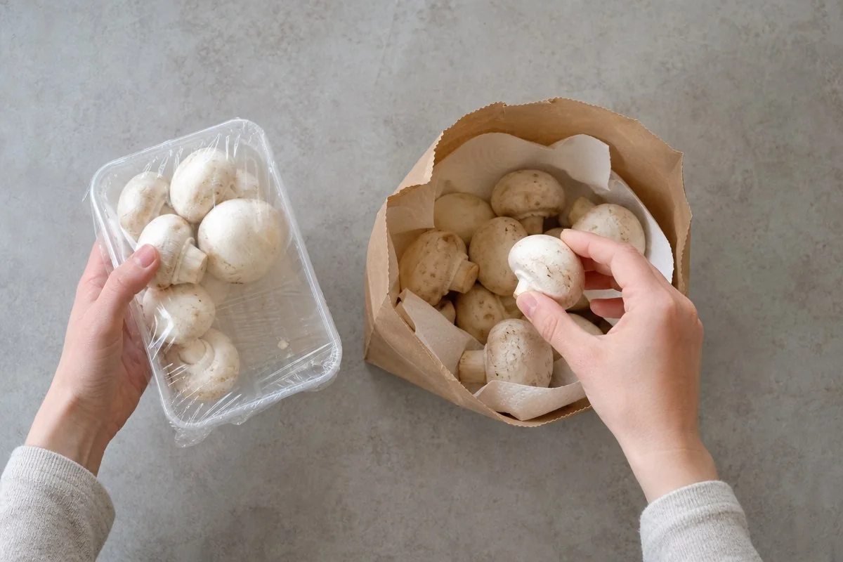 밀봉된 포장 그대로 두면 버섯 스스로 만든 물기에 잠긴다 — 이해를 돕는 AI 자료 이미지