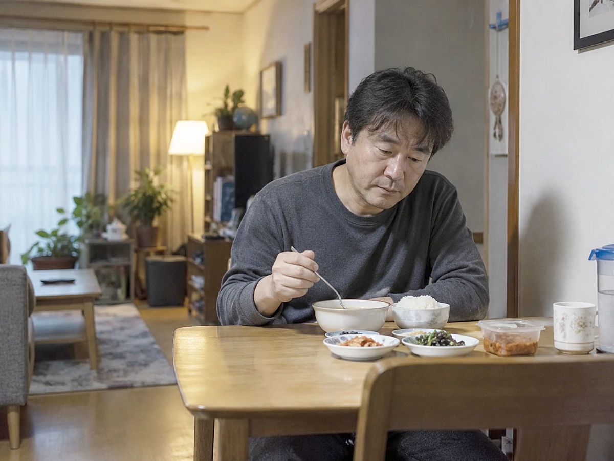 집에서 혼자 식사하는 1인 가구 모습. 기사 이해를 돕기 위해 AI를 활용해 제작한 자료 사진. 혼자 사는 1인 가구의 46%가 속마음을 나눌 상대가 적고 사람들과의 만남도 뜸한 이른바 '비친밀형'에 해당한다는 조사 결과가 나왔다.