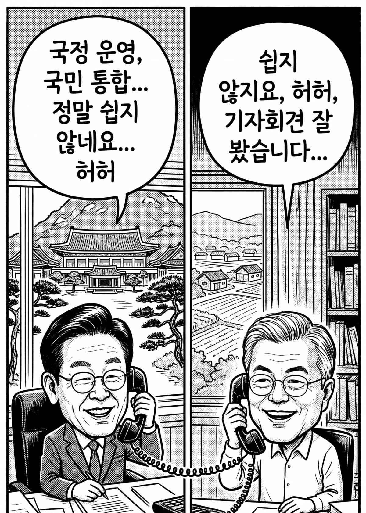 문재인 전 대통령과 직접 통화 나눈 이재명 대통령. 사 내용 토대로 AI툴 활용해 제작한 자료사진.