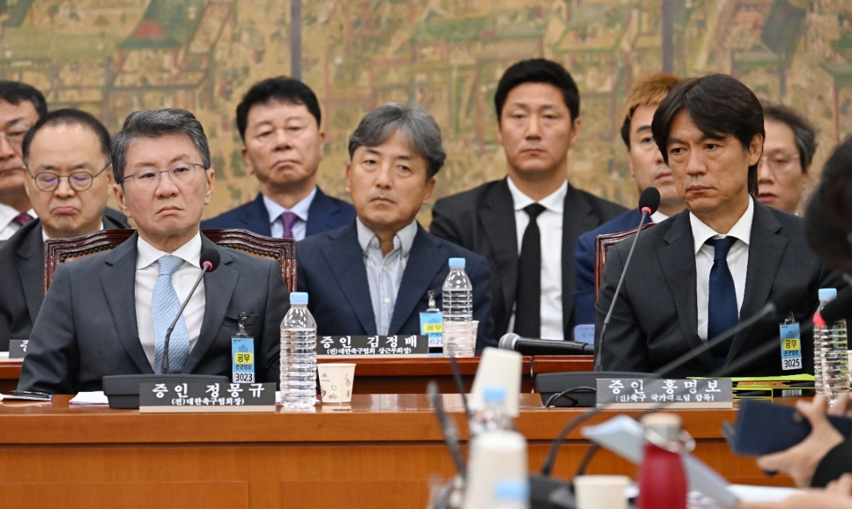 정몽규 전 대한축구협회장과 홍명보 전 축구국가대표 감독이 지난 7월 30일 서울 여의도 국회에서 열린 문화체육관광위원회의 대한축구협회 현안 관련 청문회에 참석해 자리에 앉아 있는 모습 / 뉴스1