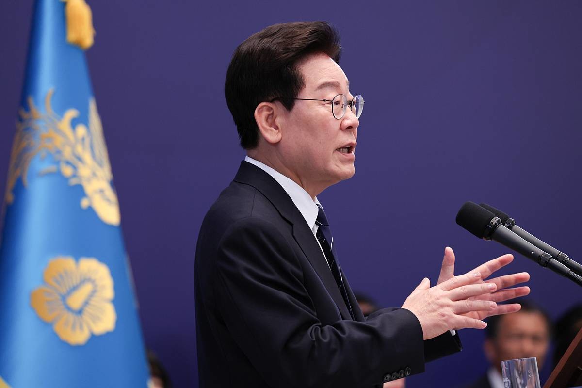 이재명 대통령이 지난 18일 청와대 영빈관에서 열린 현안 기자회견에서 발언하고 있다 / 청와대통신사진기자단, 뉴스1