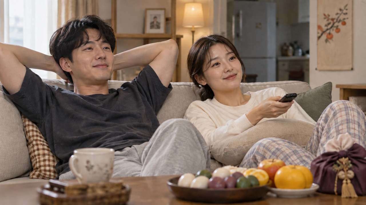 명절에 집에서 쉬는 신혼부부. / AI 생성 이미지
