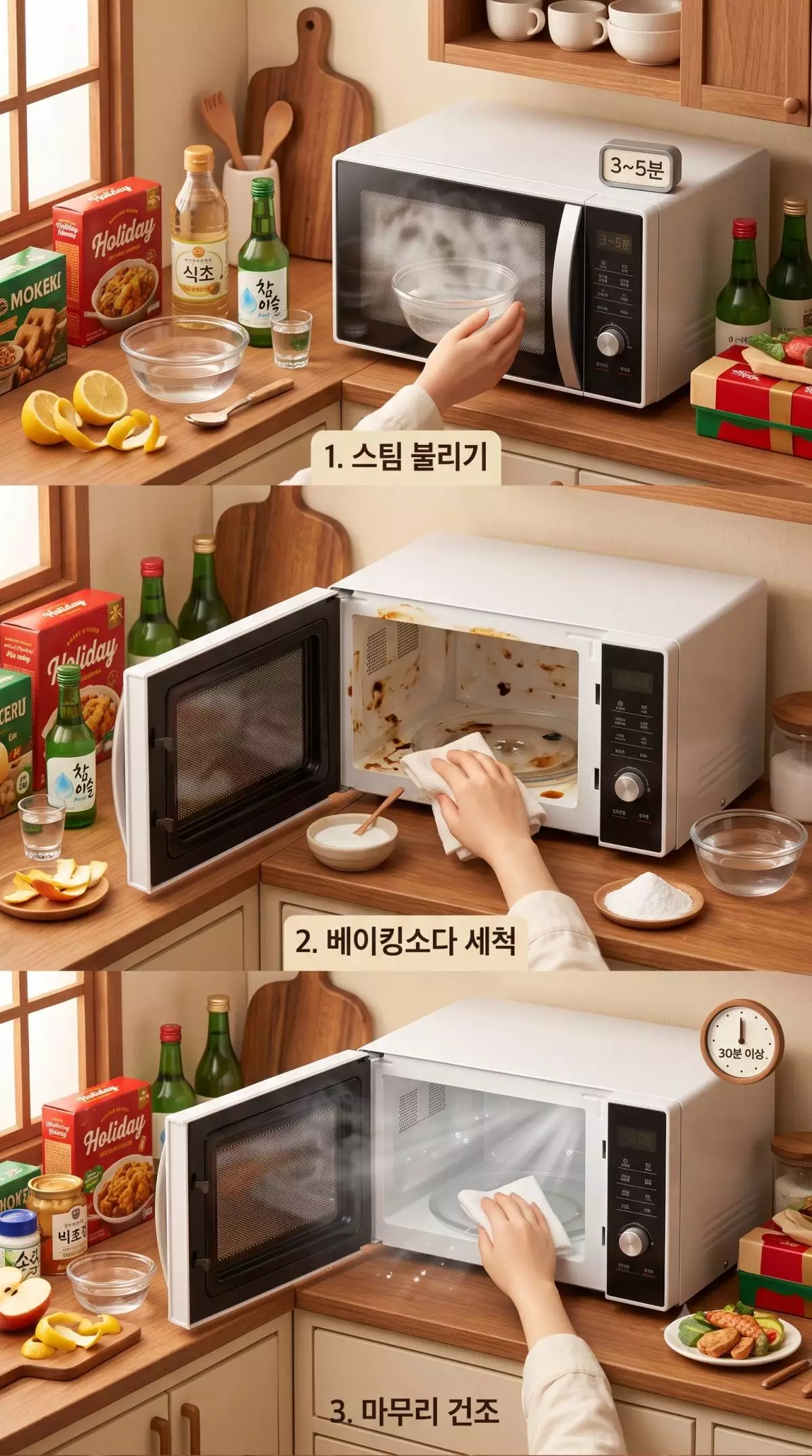 물티슈 대신 전자레인지 청소하는 꿀팁. 기름때 가득한 전자레인지 내부. 기사 내용 토대로 AI툴 활용해 제작한 자료사진.