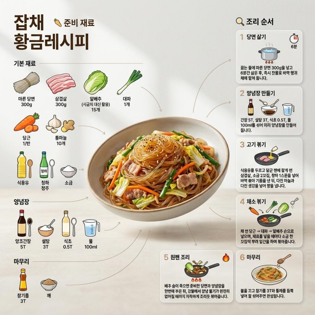 불지 않는 잡채 황금 레시피. 기사 내용 토대로 AI툴 활용해 제작한 자료사진.
