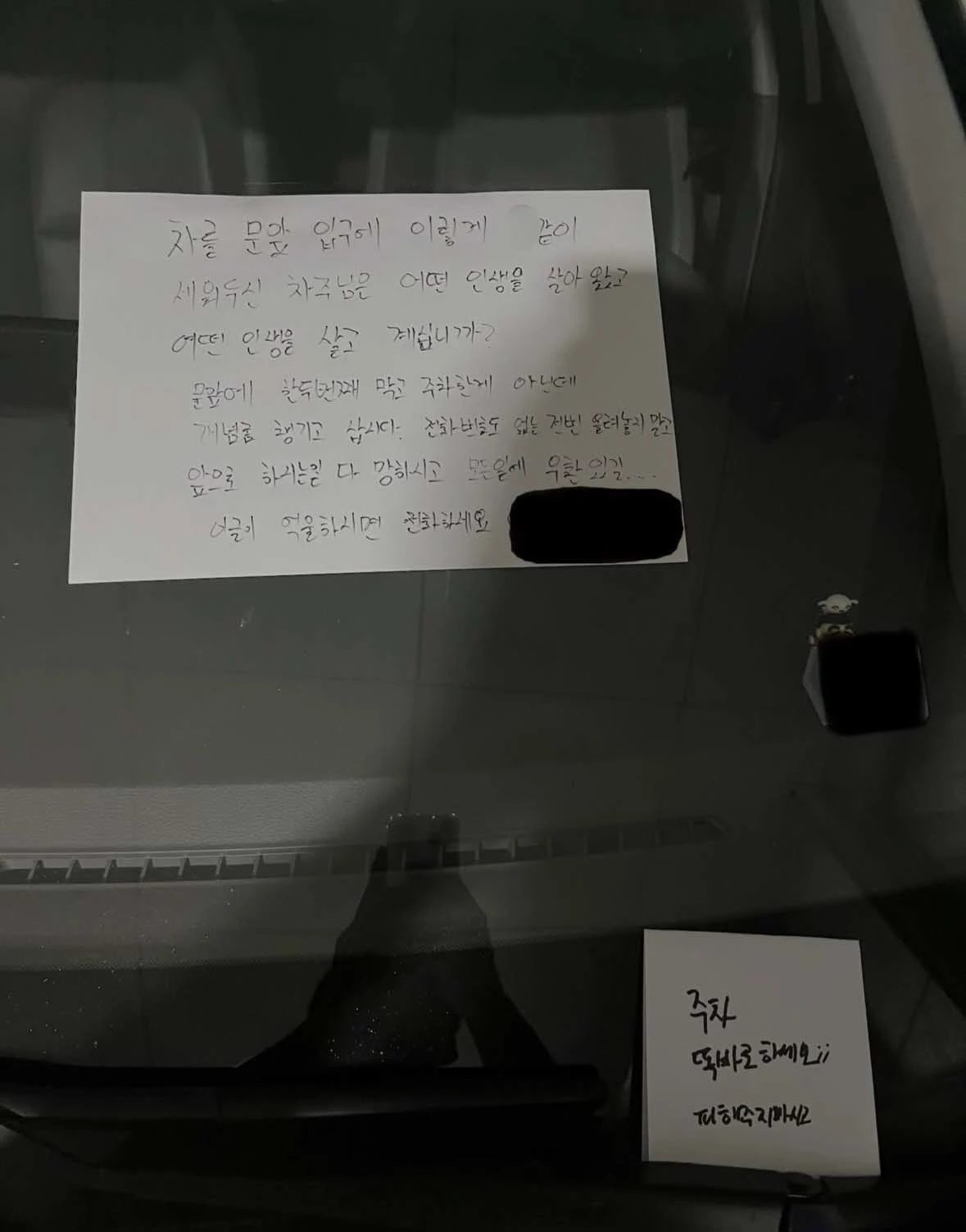 ‘논란의 원룸 입구 주차녀’란 제목으로 23일 온라인 커뮤니티 SLR클럽에 23일 올라온 사진. 차에 붙은 쪽지엔 '차를 문 앞 입구에 이렇게 X같이 세워 두신 차주님은 어떤 인생을 살아왔고 어떤 인생을 살고 계십니까?. 문 앞을 한두 번 막고 주차한 게 아닌데 개념 좀 챙기고 삽시다. 앞으로 하시는 일 다 망하시고 모든 일에 우환 있길…. 이 글이 억울하시면 전화하세요'라고 적혀 있다. / SLR클럽
