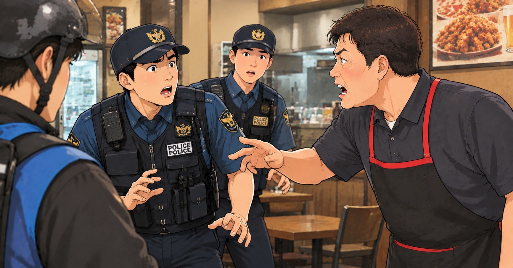 빈 의자 앉은 20대 배달기사 팔 잡아  쫓아낸 치킨집 업주가 경찰 앞에서 기사에게 뱉은 말