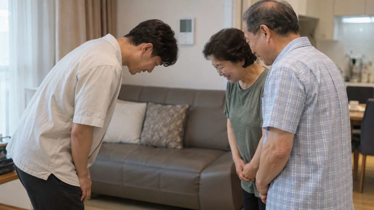 부모님 집에 방문해 인사를 드리고 있다. / AI 생성 이미지