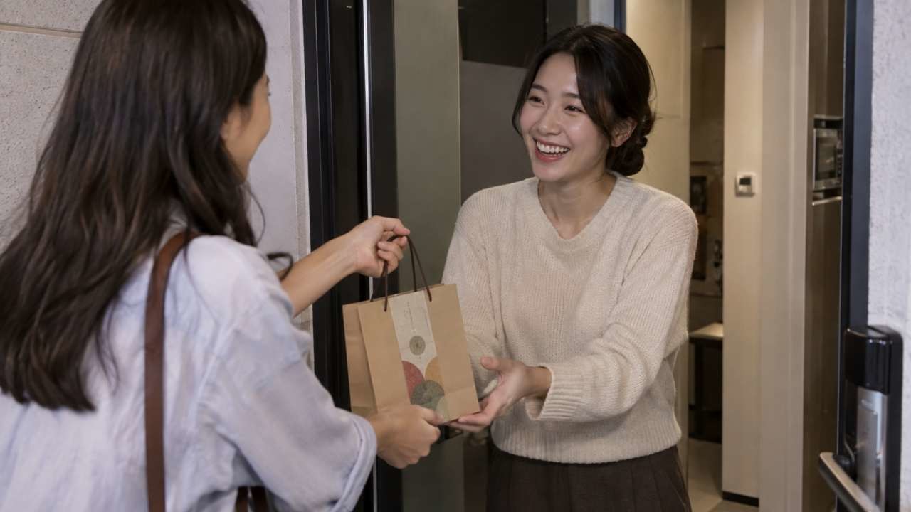 친구에게 추석 선물을 전달하고 있다. / AI 생성 이미지