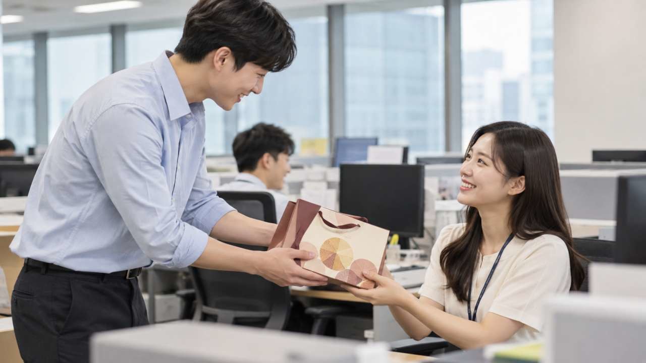 직장동료에게 선물을 전달하고 있다. / AI 생성 이미지