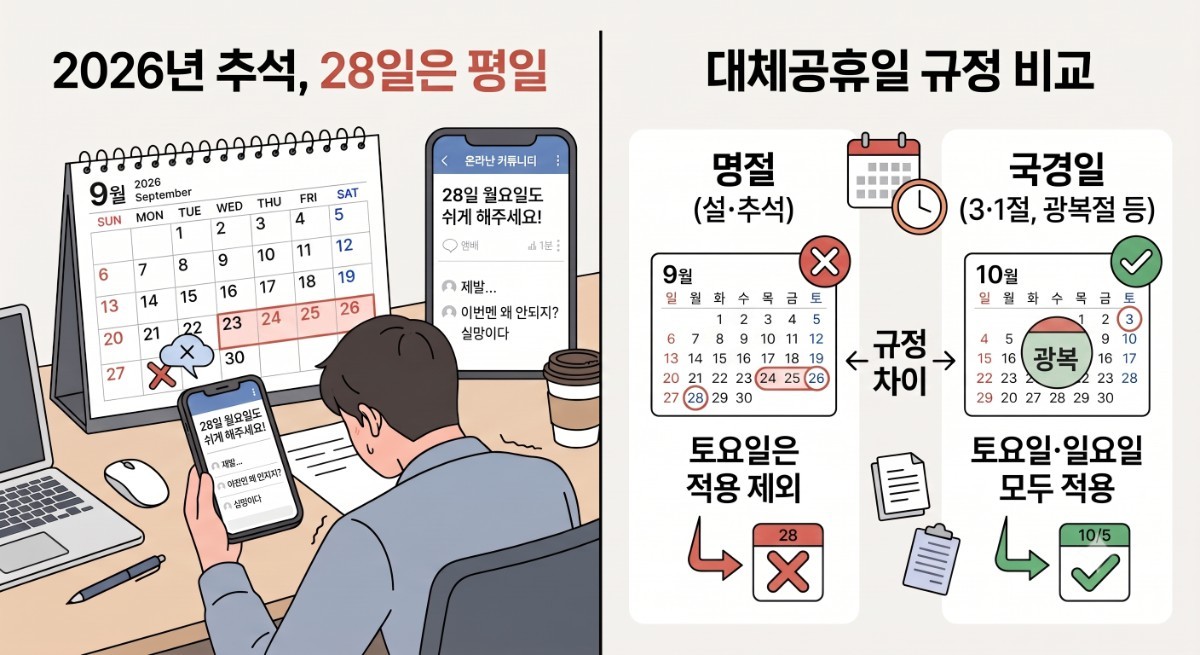 2026년 추석 연휴, 9월 28일 대체공휴일 임시공휴일 규정 비교 / AI 생성 이미지