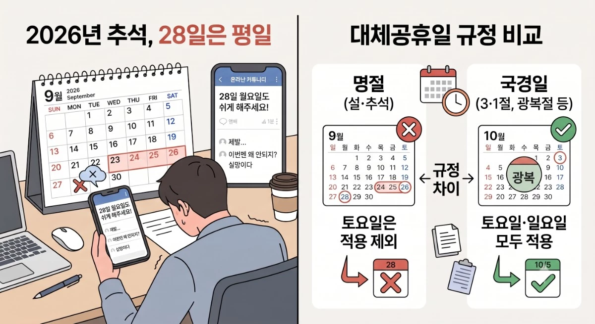 2026년 추석 연휴, 9월 28일 대체공휴일 임시공휴일 규정 비교 / AI 생성 이미지
