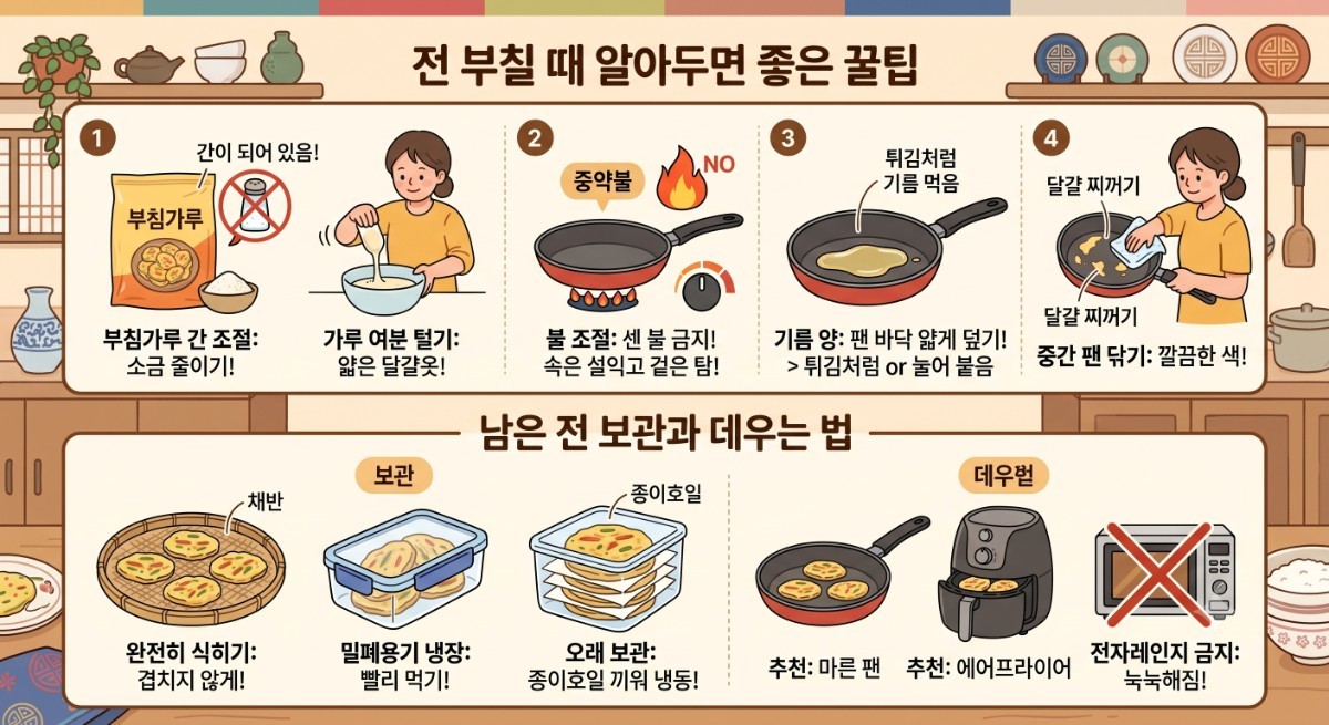 전 부치기 꿀팁과 남은 전 보관법 / AI 생성 이미지