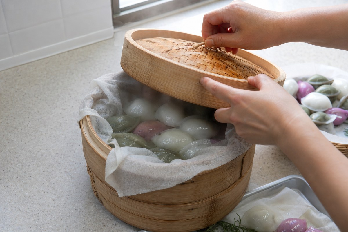 송편 찔 때 뚜껑 자주 열지 말고 젖은 면보 깔아보세요, 속까지 쫀득해집니다