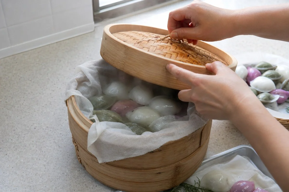 찜기 물이 완전히 끓어오른 뒤에 올려야 속까지 익는다 — AI 자료 이미지