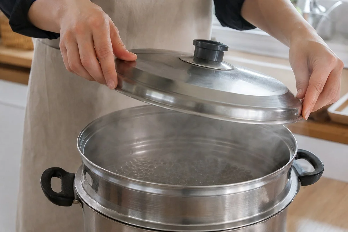 찜기 물이 완전히 끓어오른 뒤에 올려야 속까지 익는다 — AI 자료 이미지