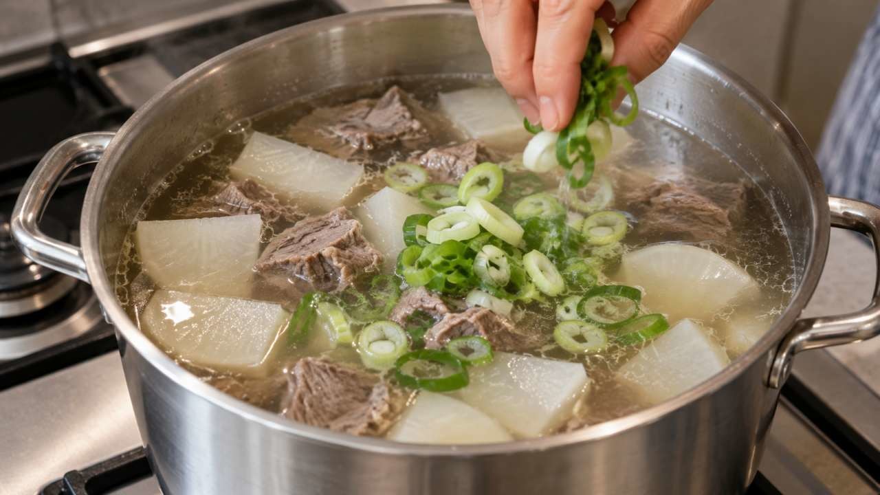 소고기무국에 대파를 넣고 있다. / AI 생성 이미지