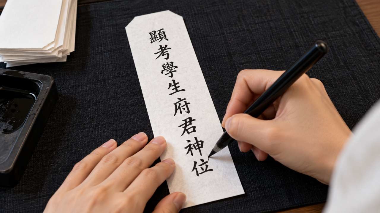 한지에 붓펜으로 ‘현고학생부군신위’ 지방을 쓰는 모습. / AI 생성 이미지