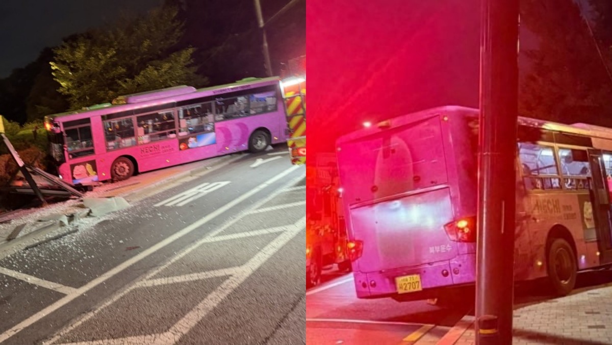 버스가 화단 넘어 정류장까지 들이받았다…외국인 관광객 등 4명 부상