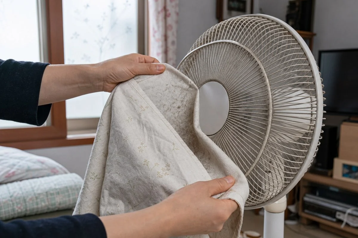 헌 베갯잇으로 청소 중 날리는 먼지를 가둔다 — AI 자료 이미지