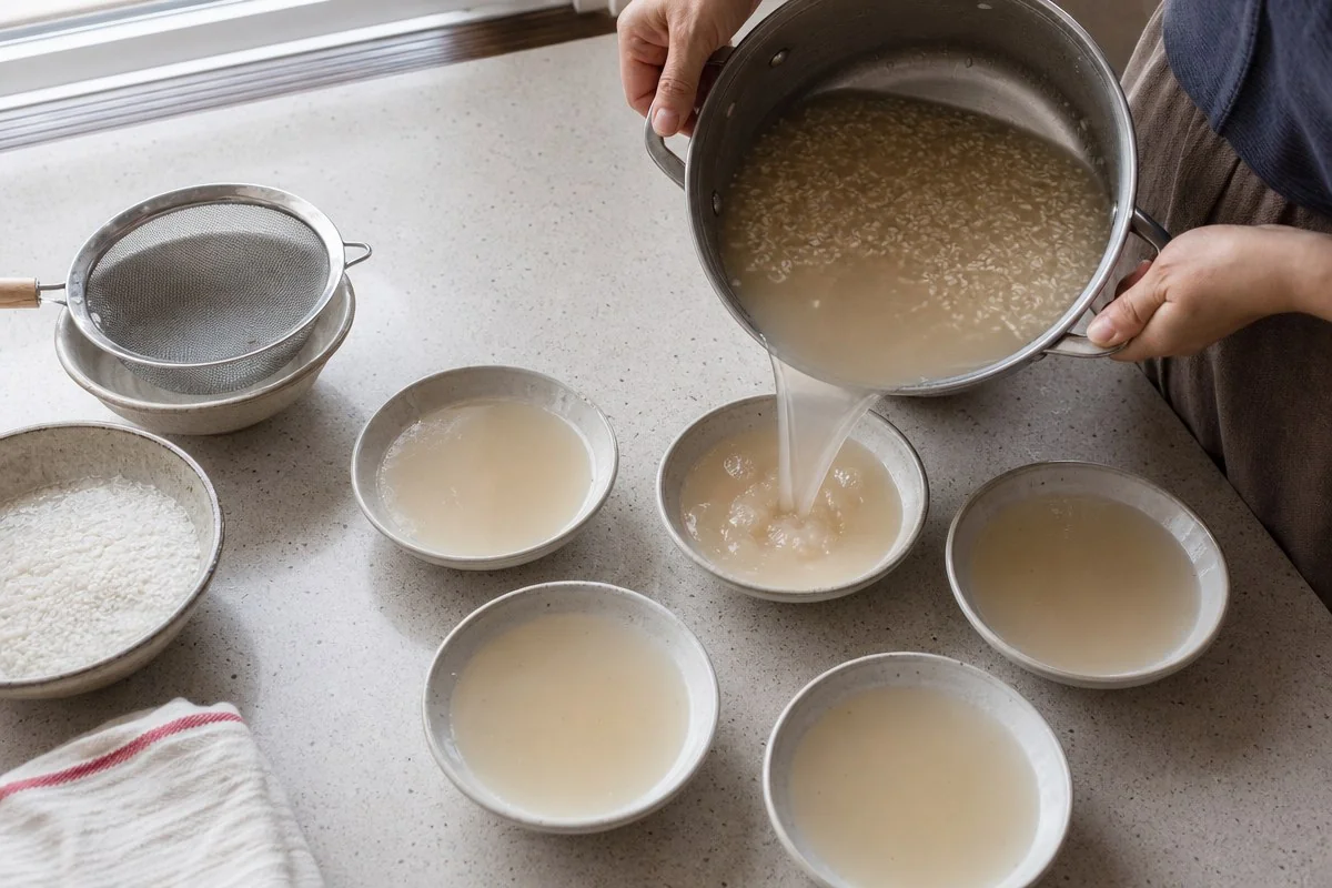 밥알은 찬물에, 단물은 얕은 그릇에 나눠 식혀야 한다 — 이해를 돕는 AI 자료 이미지
