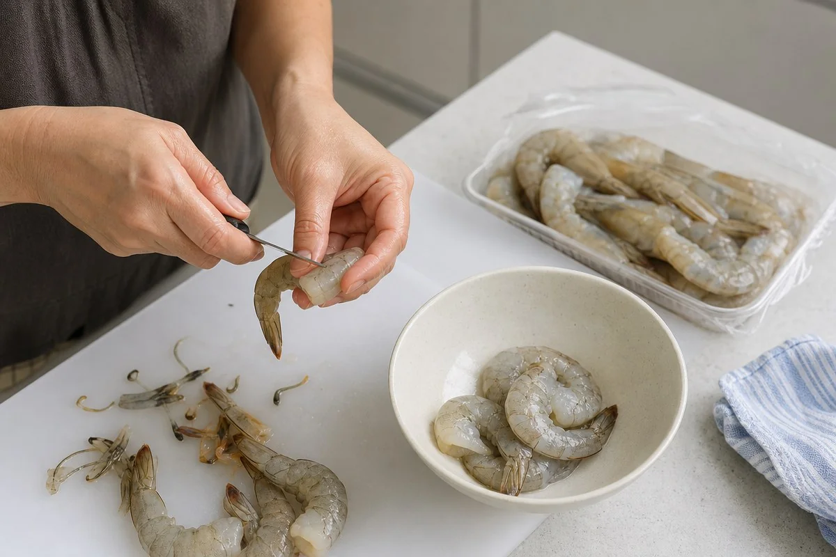 김장 양념용 생새우는 이 순서로 손질하고 바로 새 그릇에 옮긴다 — AI 자료 이미지