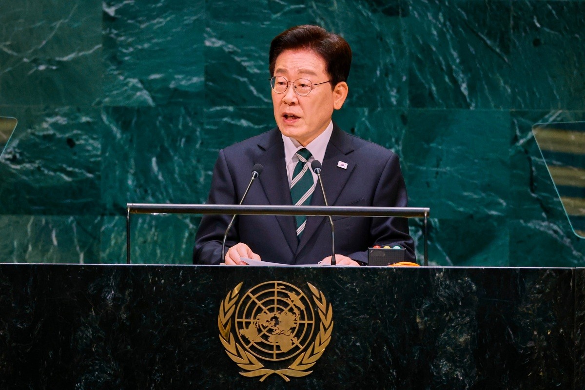 이재명 대통령이 지난 22일(현지시간) 미국 뉴욕 유엔본부에서 열린 제81차 유엔총회에서 기조연설을 하고 있다. / 뉴스1